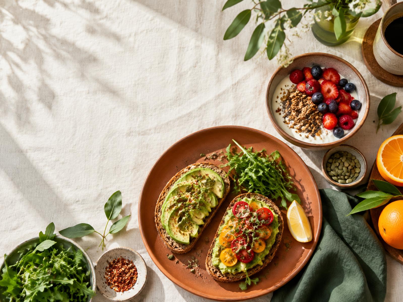 Receitas saudáveis com abacate, frutas e folhas frescas
